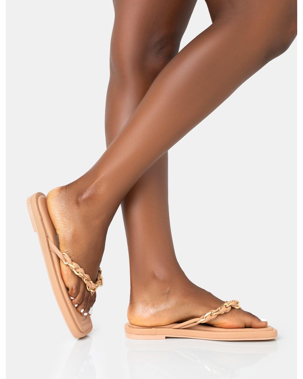 Public Desire Brown Retreat Nude Pu Chain Strap Flip Flop Sandals