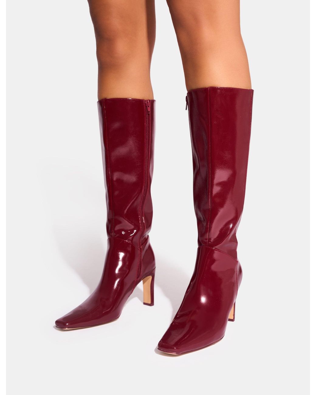 Public Desire Red Pose Burgundy Patent Zip Knee High Slim Block Heeled Boots