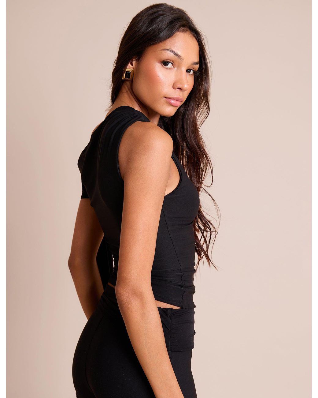 Public Desire Blue Knot Detail Asymmetric One Shoulder Luxe Slinky Top Black