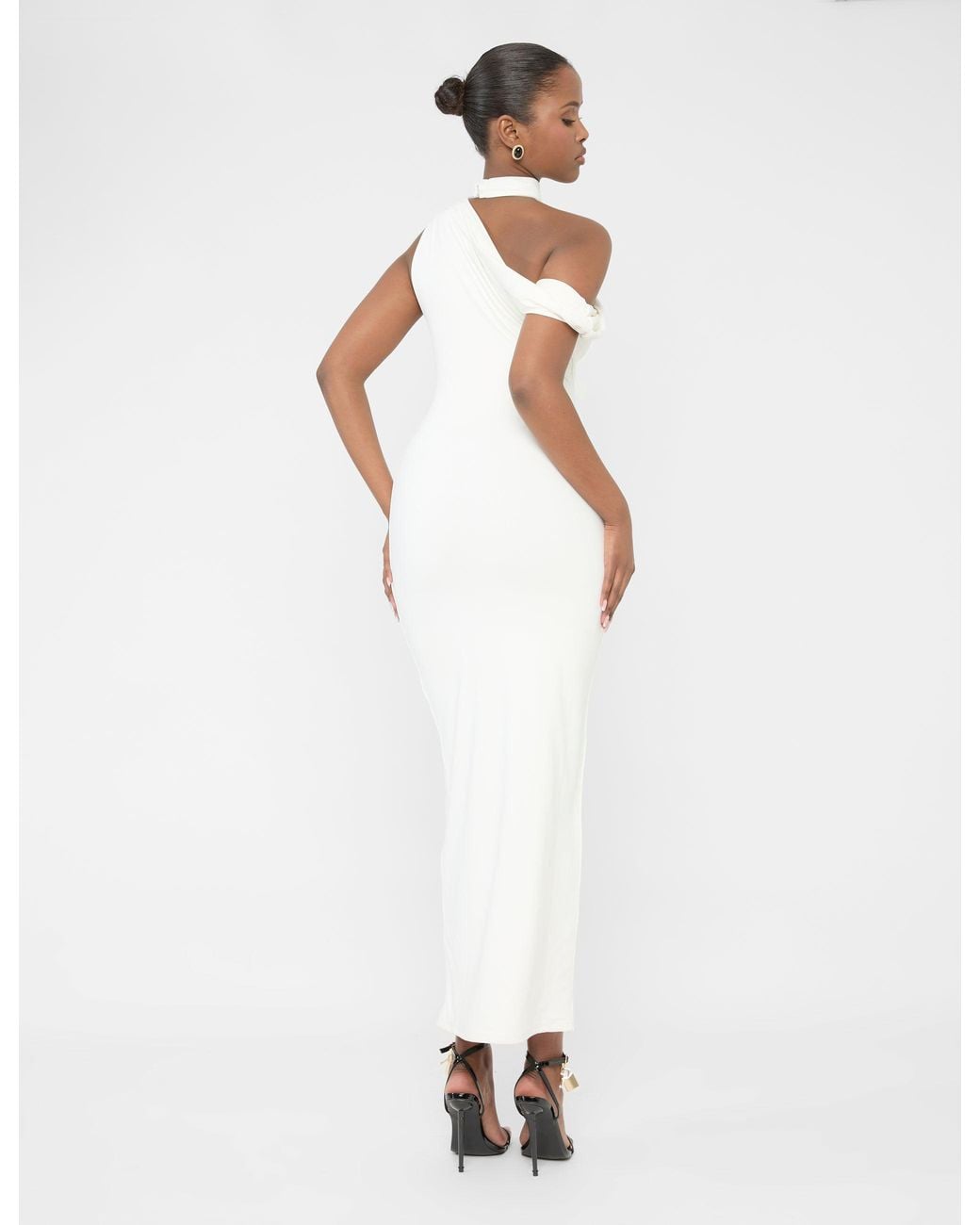 Public Desire Asymmetric One Shoulder Choker Detail Luxe Slinky Midi Dress White
