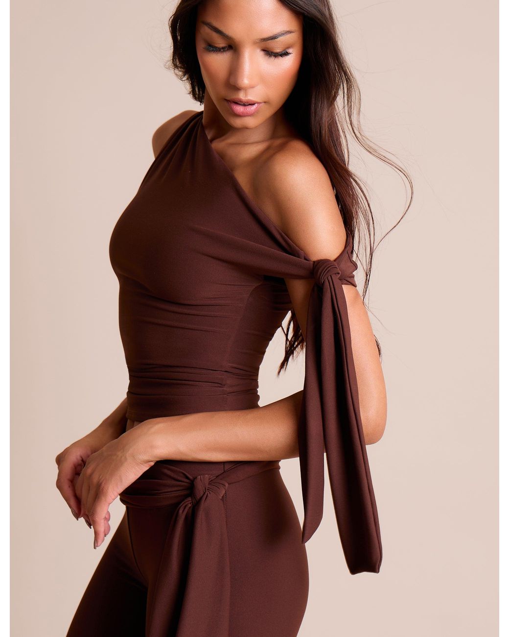 Public Desire Red Knot Detail Asymmetric One Shoulder Luxe Slinky Top Chocolate