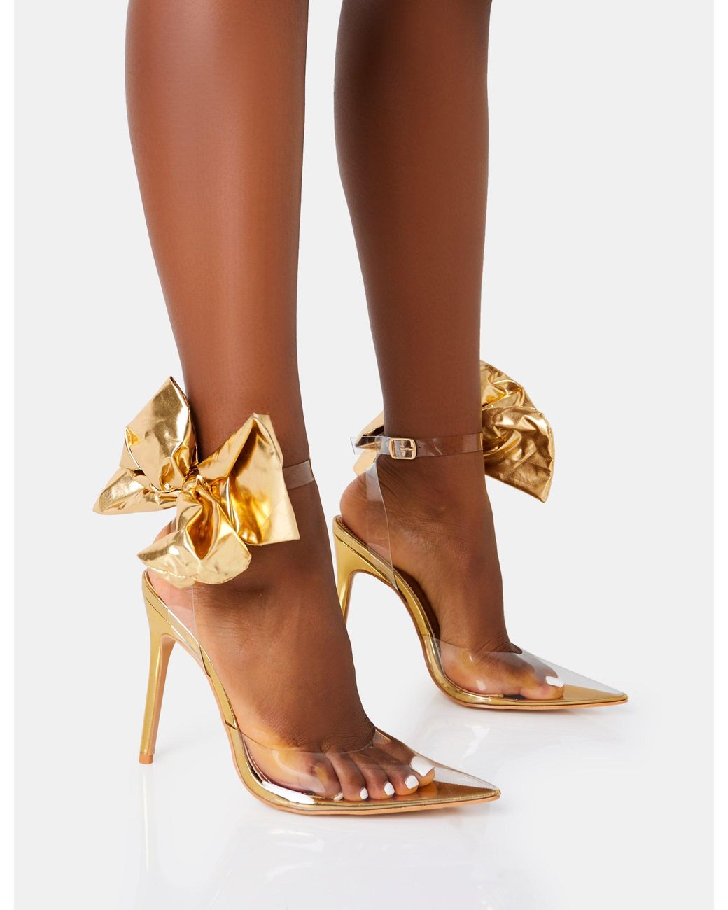 Public Desire Brown Aphrodite Gold Bow Perspex Court Stilleto Heel