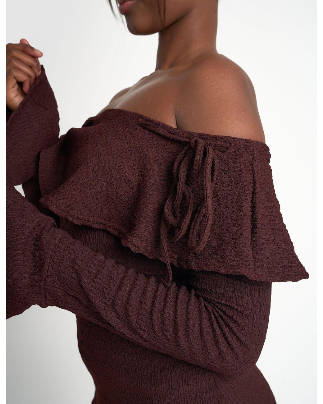 Public Desire Textured Bardot Mini Dress Chocolate