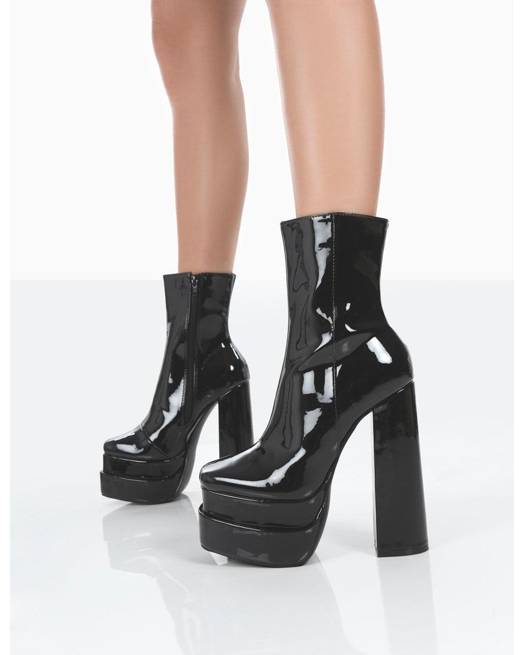 Public Desire Supine Wide Fit Black Patent Chunky Platform High Heeled  Ankle Boots Block | Lyst