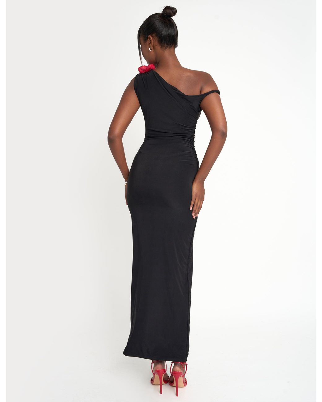 Public Desire Blue Flower Trim Dropped Shoulder Luxe Slinky Maxi Dress Black