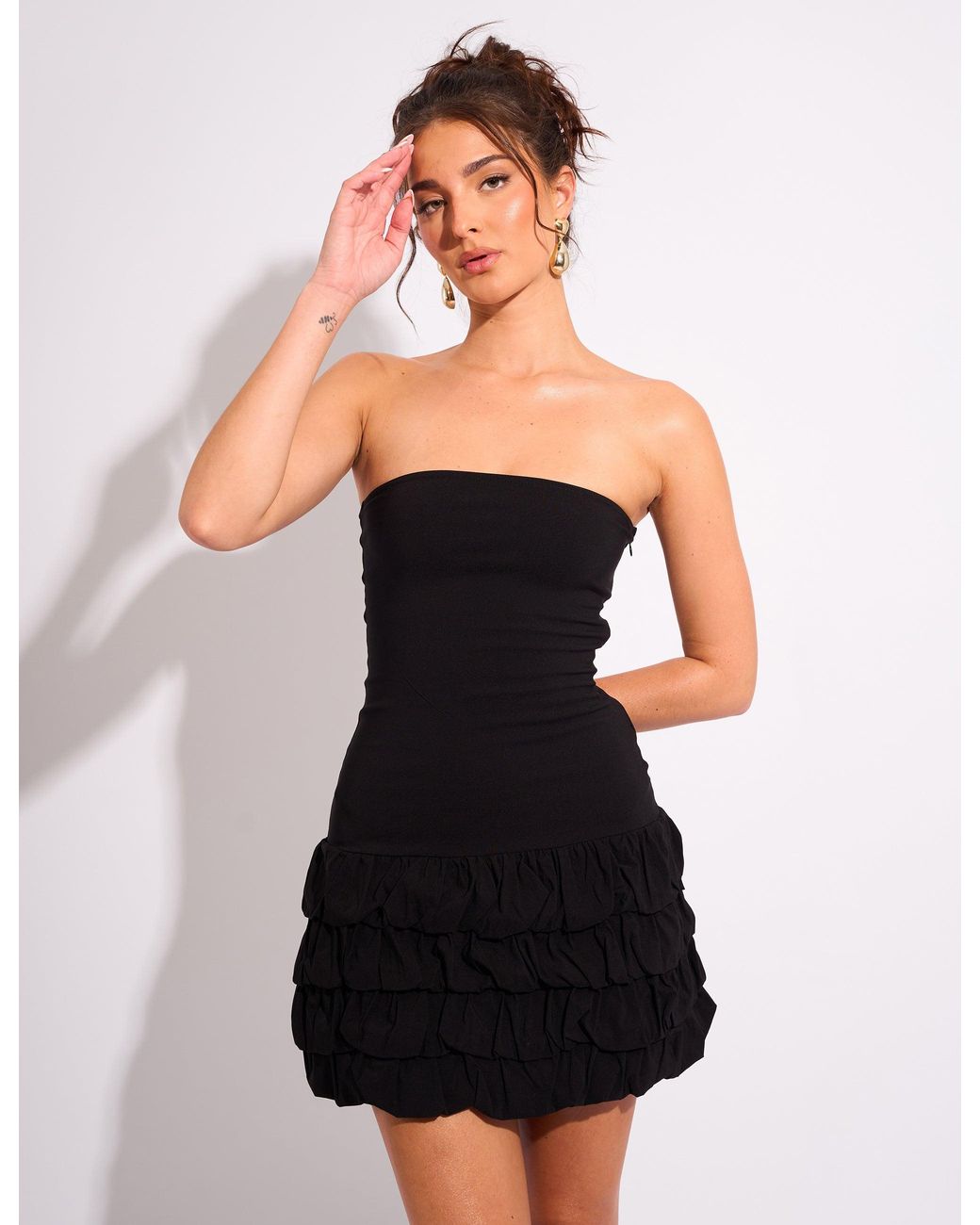 Public Desire Tiered Ruffle Hem Bandeau Mini Dress Black