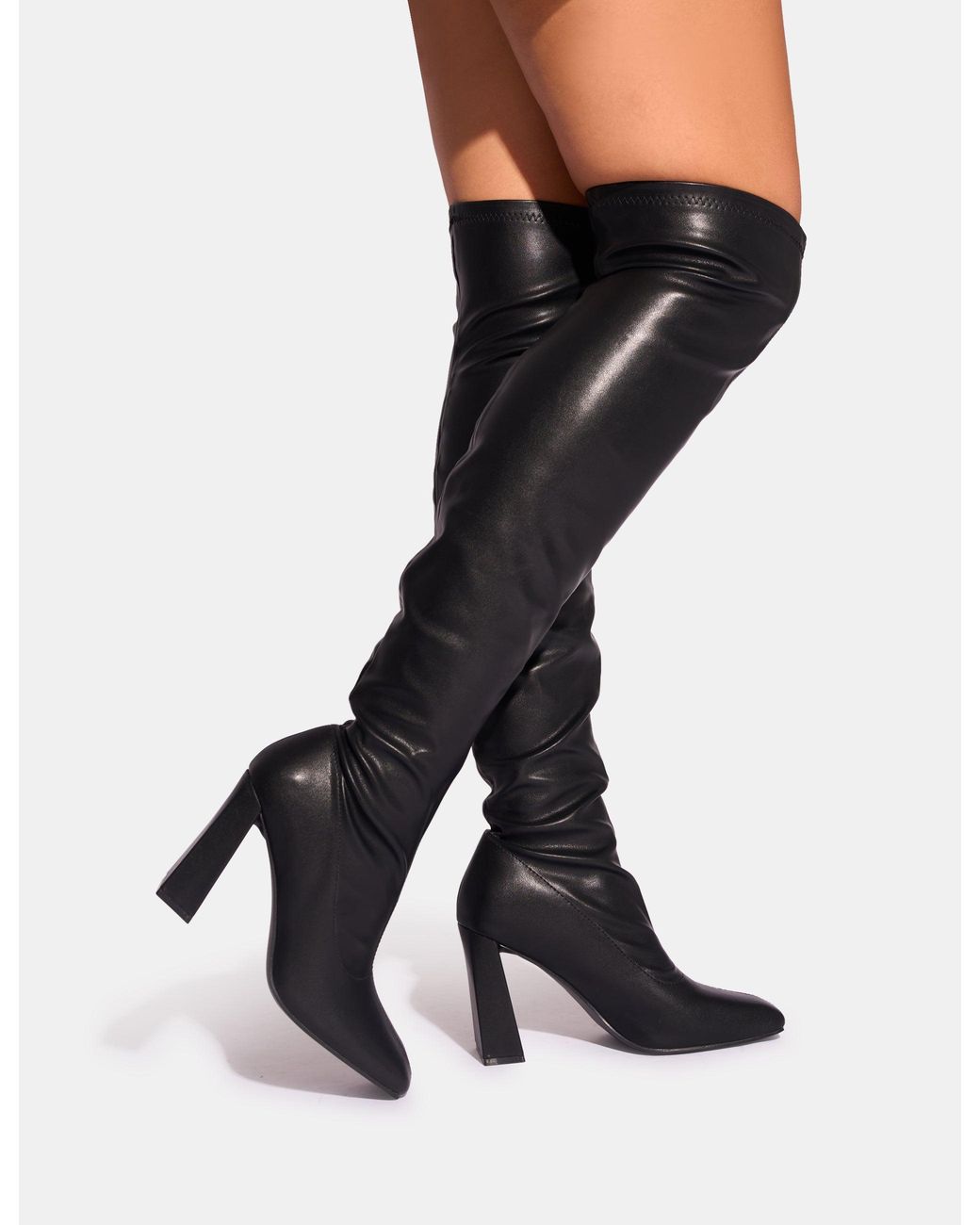 Public Desire Showoff Black Pu Block Heel Over The Knee Boot