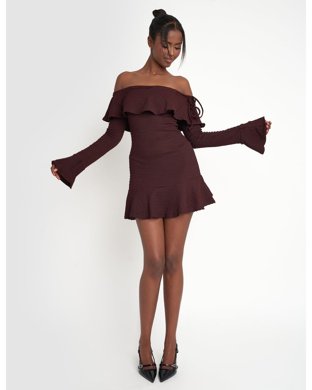 Public Desire Textured Bardot Mini Dress Chocolate
