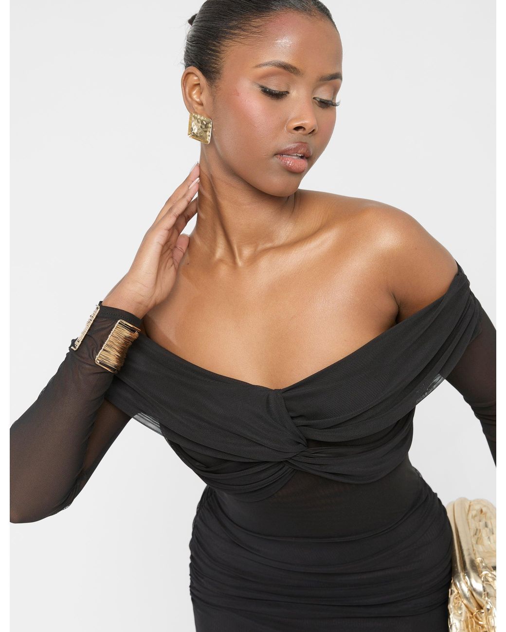 Public Desire Mesh Panel Off Shoulder Long Sleeve Mini Dress Black