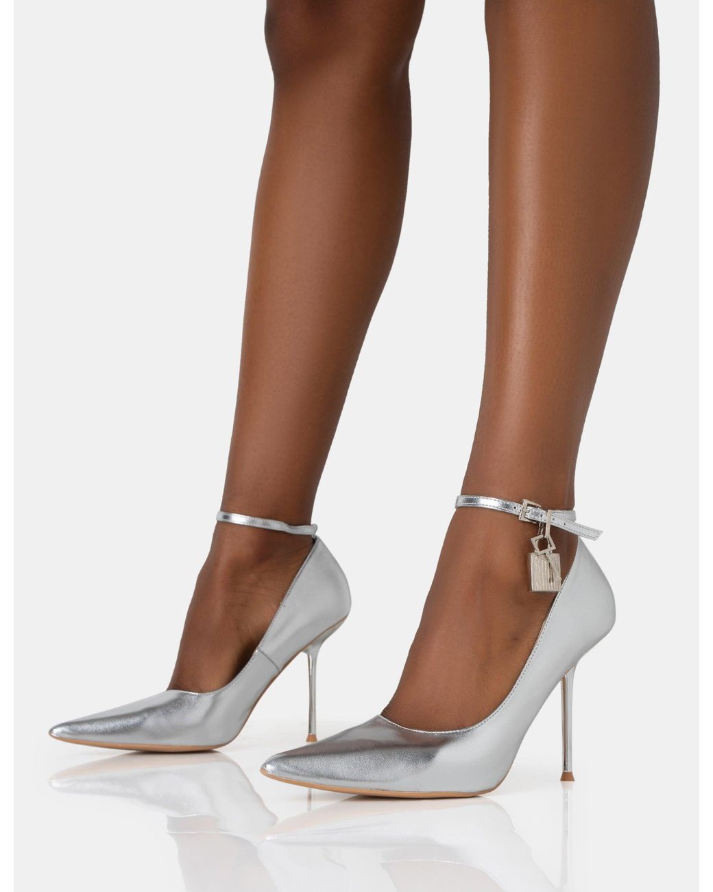 Public Desire Brown Lotty Metallic Silver Padlock Ankle Detail Court Stiletto Heels