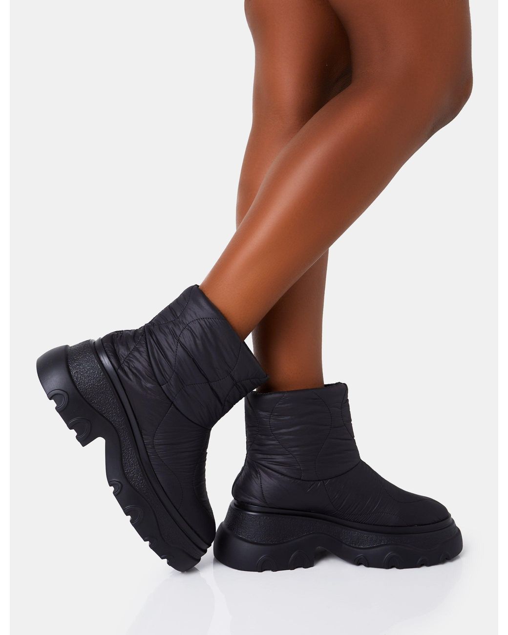 Public Desire Frostbite Black Nylon Quilted Chunky Sole Ankle Boots
