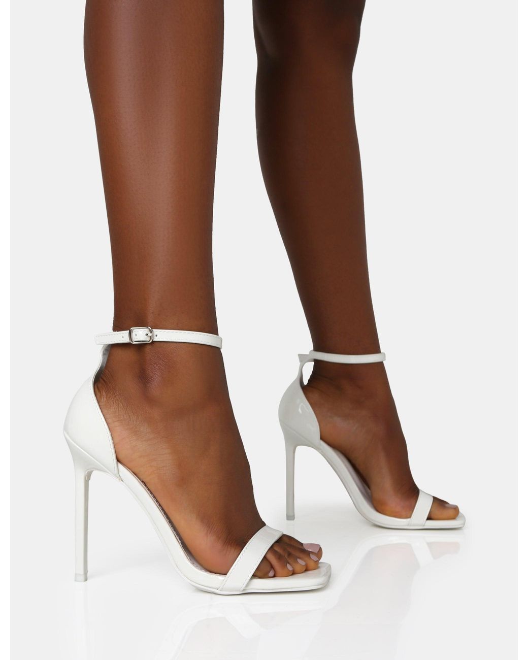 Public Desire Brown Chaos White Patent Square Toe Strappy Barely There Stiletto Heels