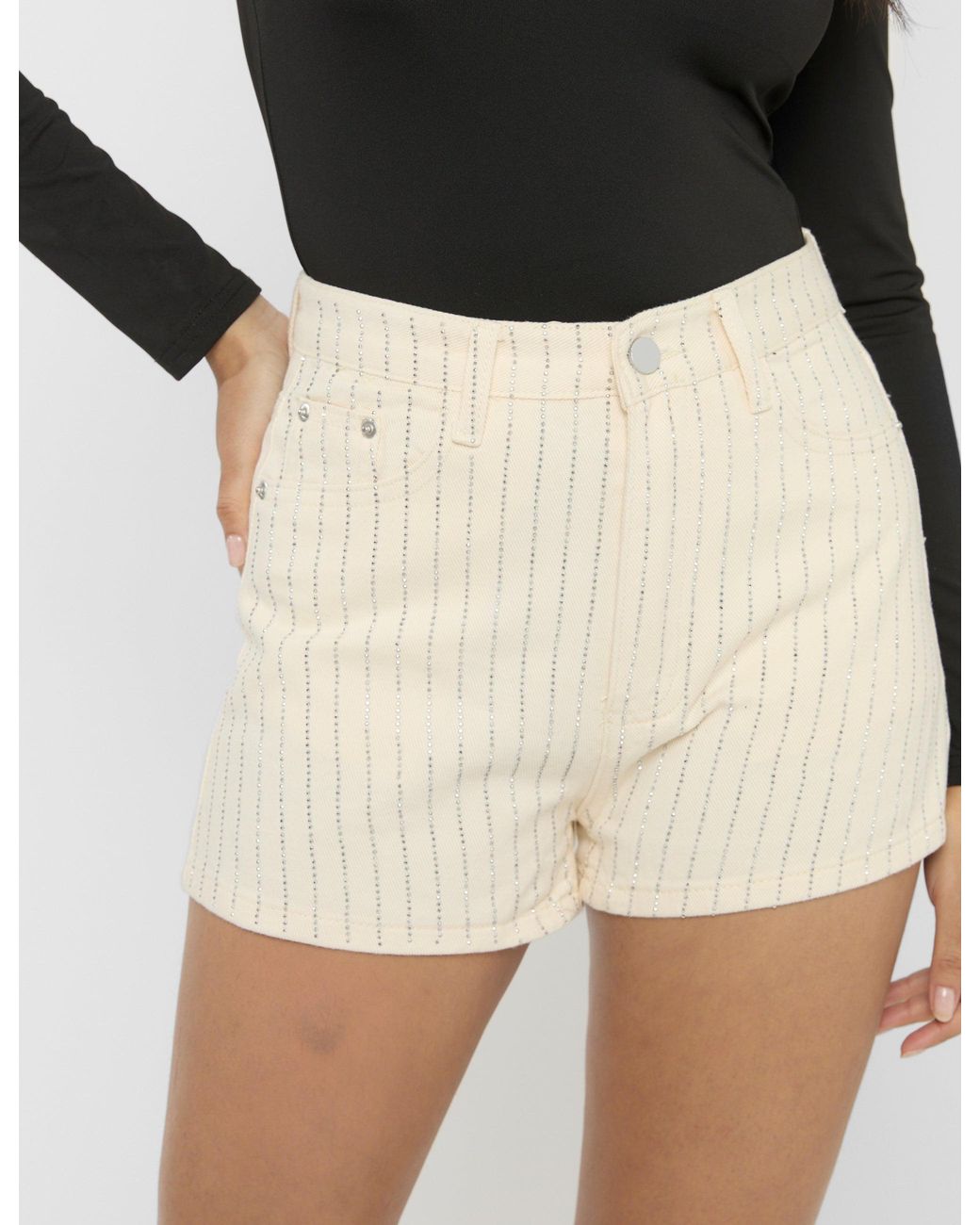 Public Desire Black High Waist Diamante Embellished Shorts Cream