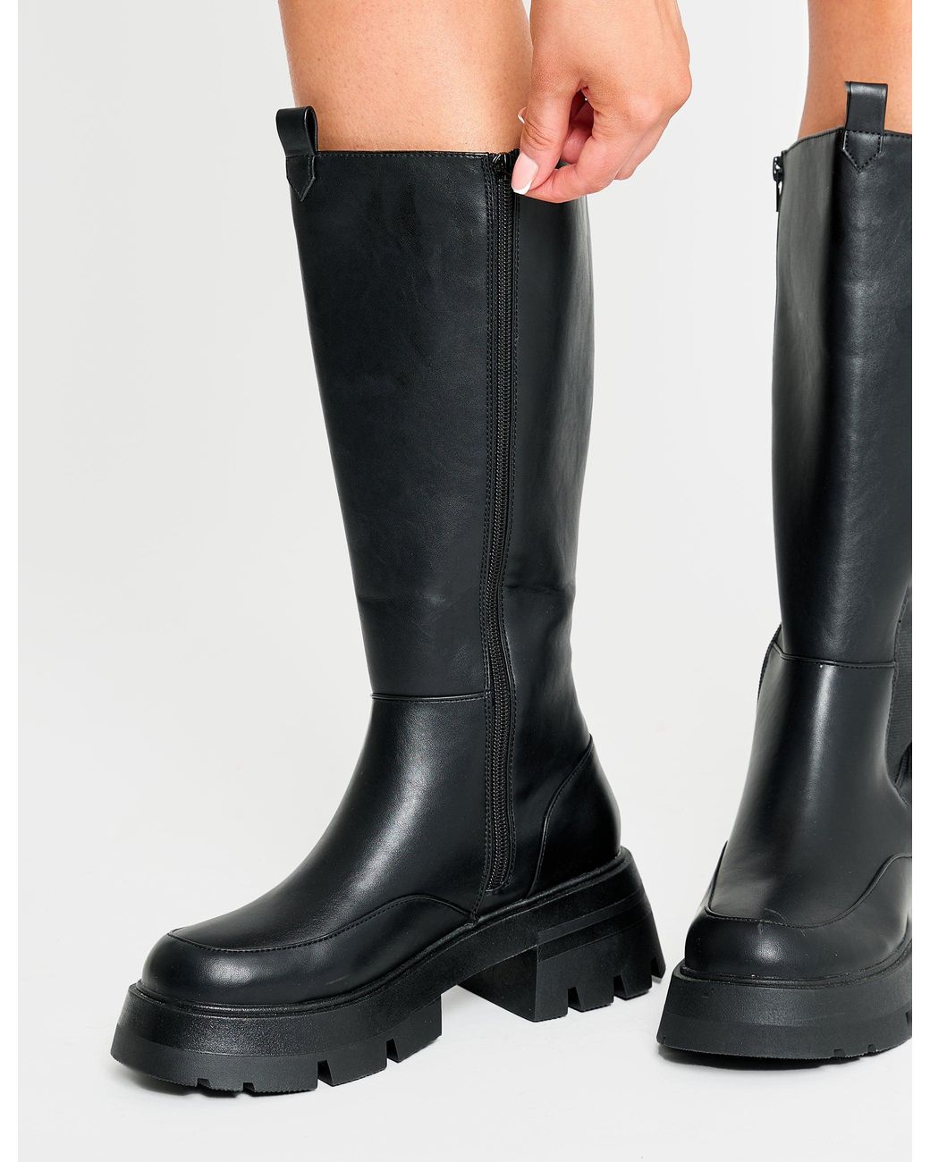 Public Desire Bryant Black Pu Chunky Sole Elasticated Knee High Boots