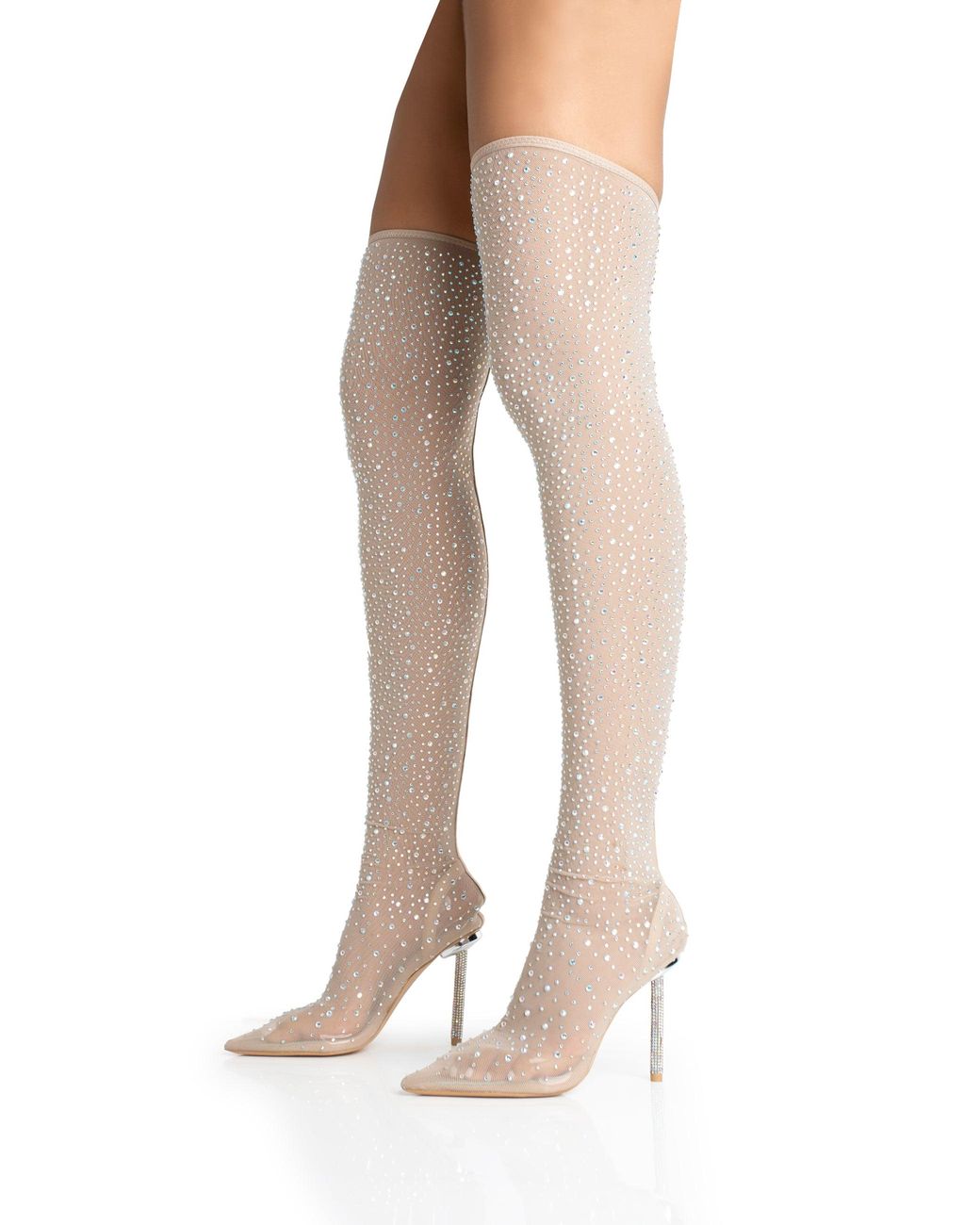 Public Desire White It Girl Nude Diamante Holographic Detailed Mesh Pointed Toe Stiletto Sock Boot Heels