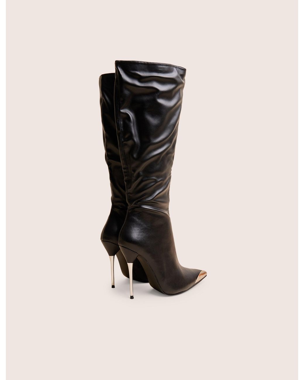 Public Desire Finery Black Pu Metal Toe Capped Zip Up Knee High Stiletto Boots