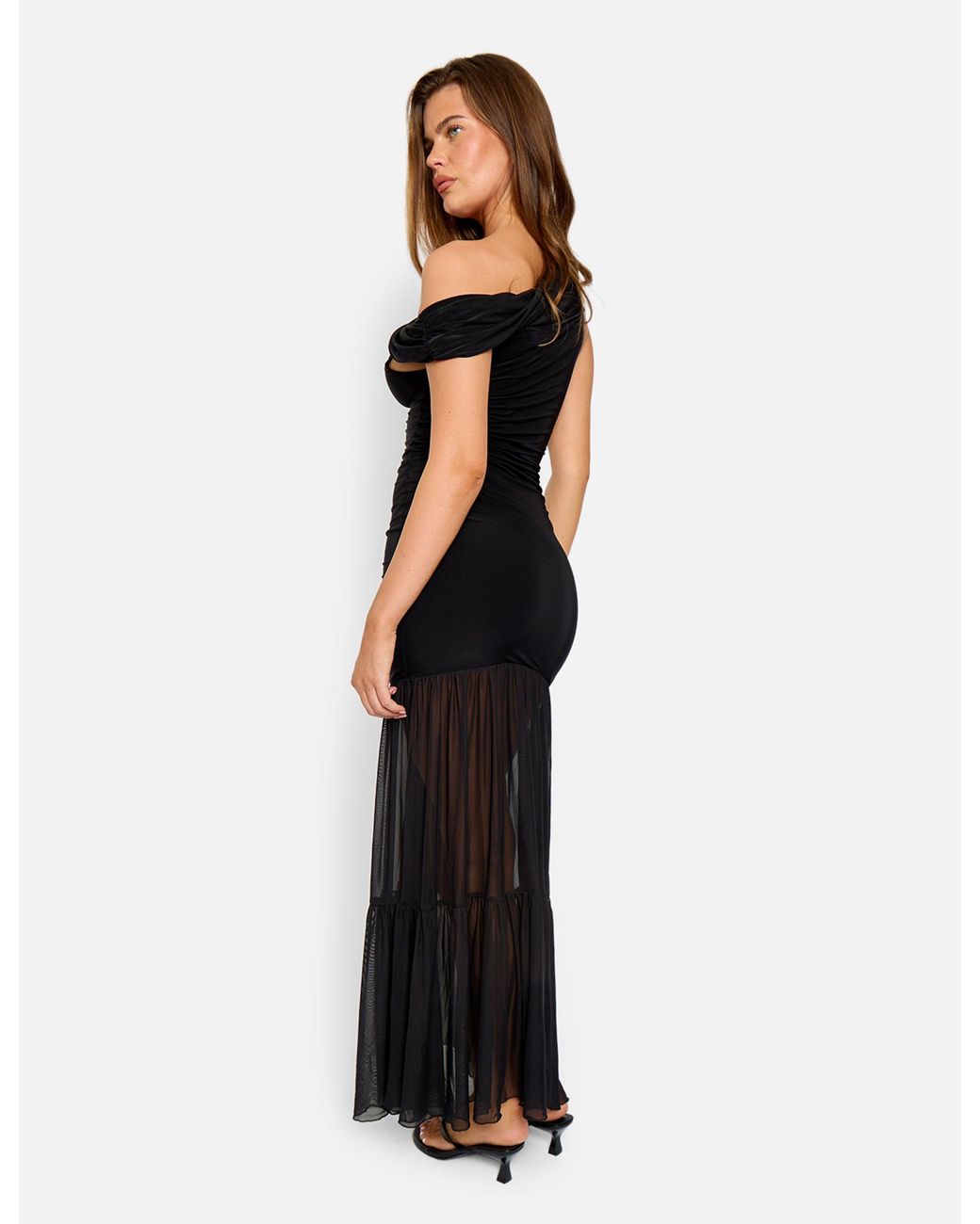 Public Desire Slinky Bardot Fold Over Mesh Hem Maxi Dress Black