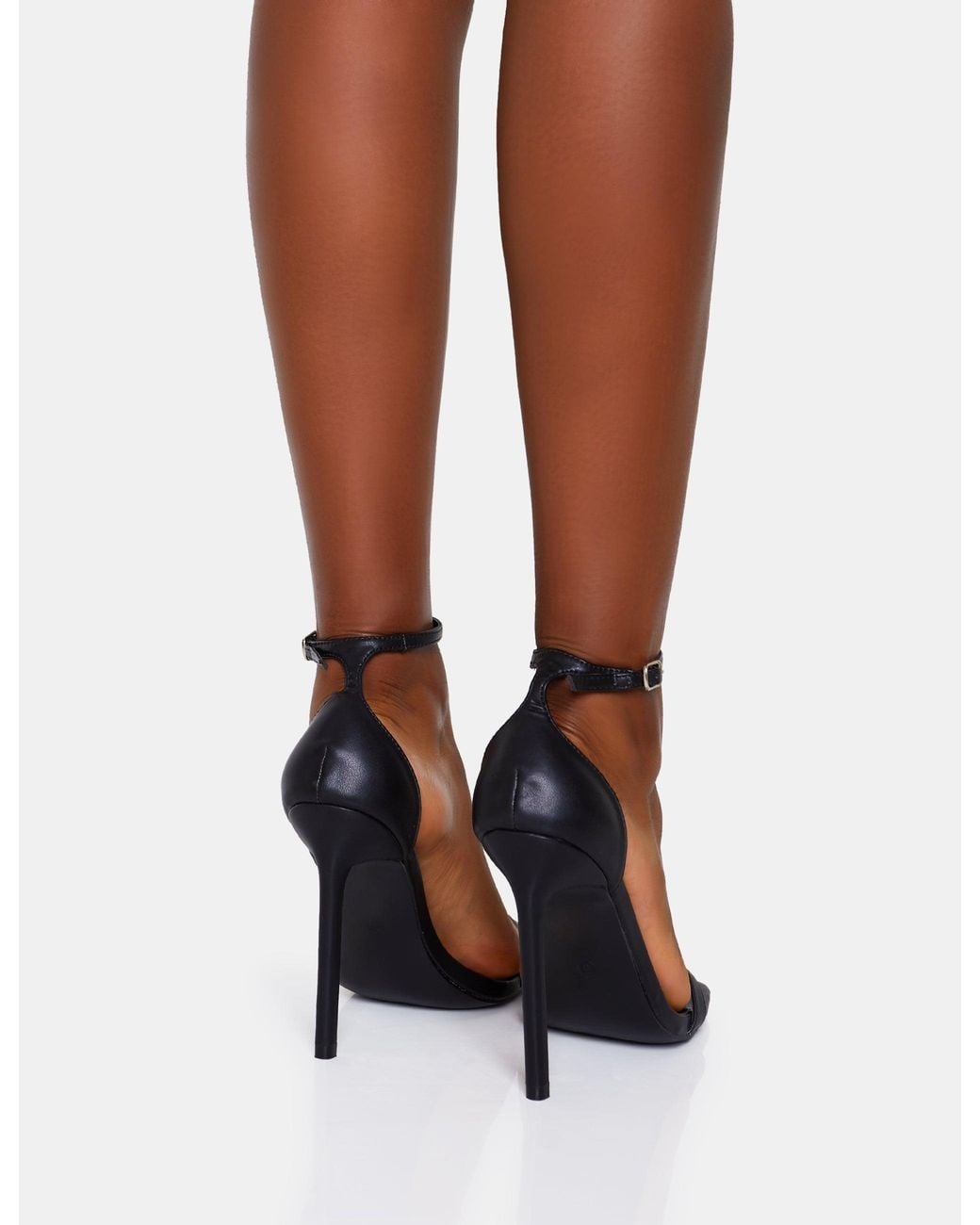 Public Desire Brown Chaos Black Pu Square Toe Strappy Barely There Stiletto Heel