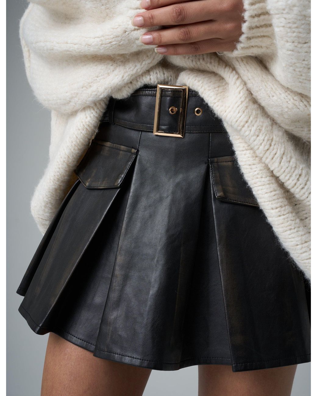 Public Desire Gray Faux Leather Belted Mini Skort Black
