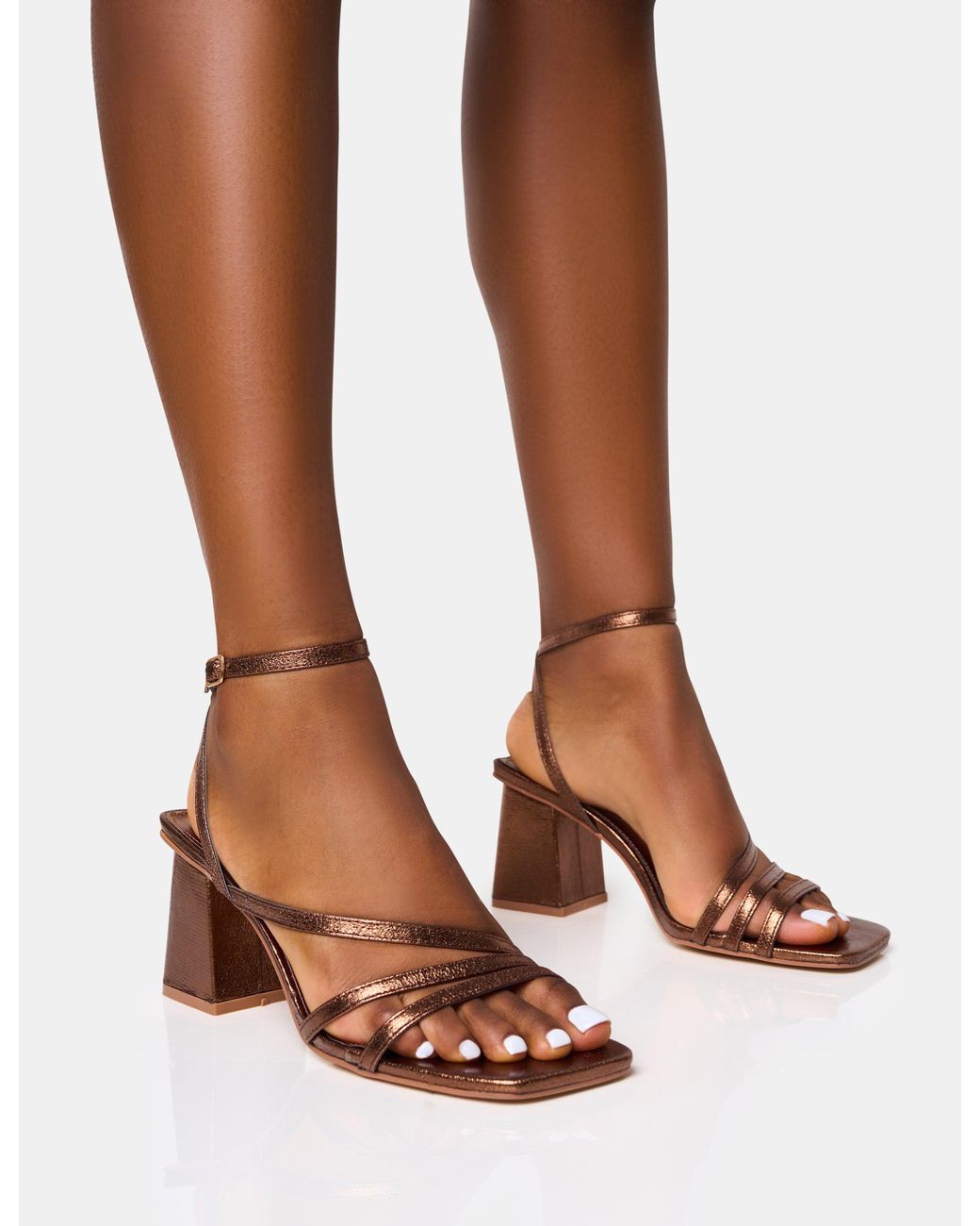 Public Desire Brown Robin Bronze Strappy Square Toe Mid Block Heels