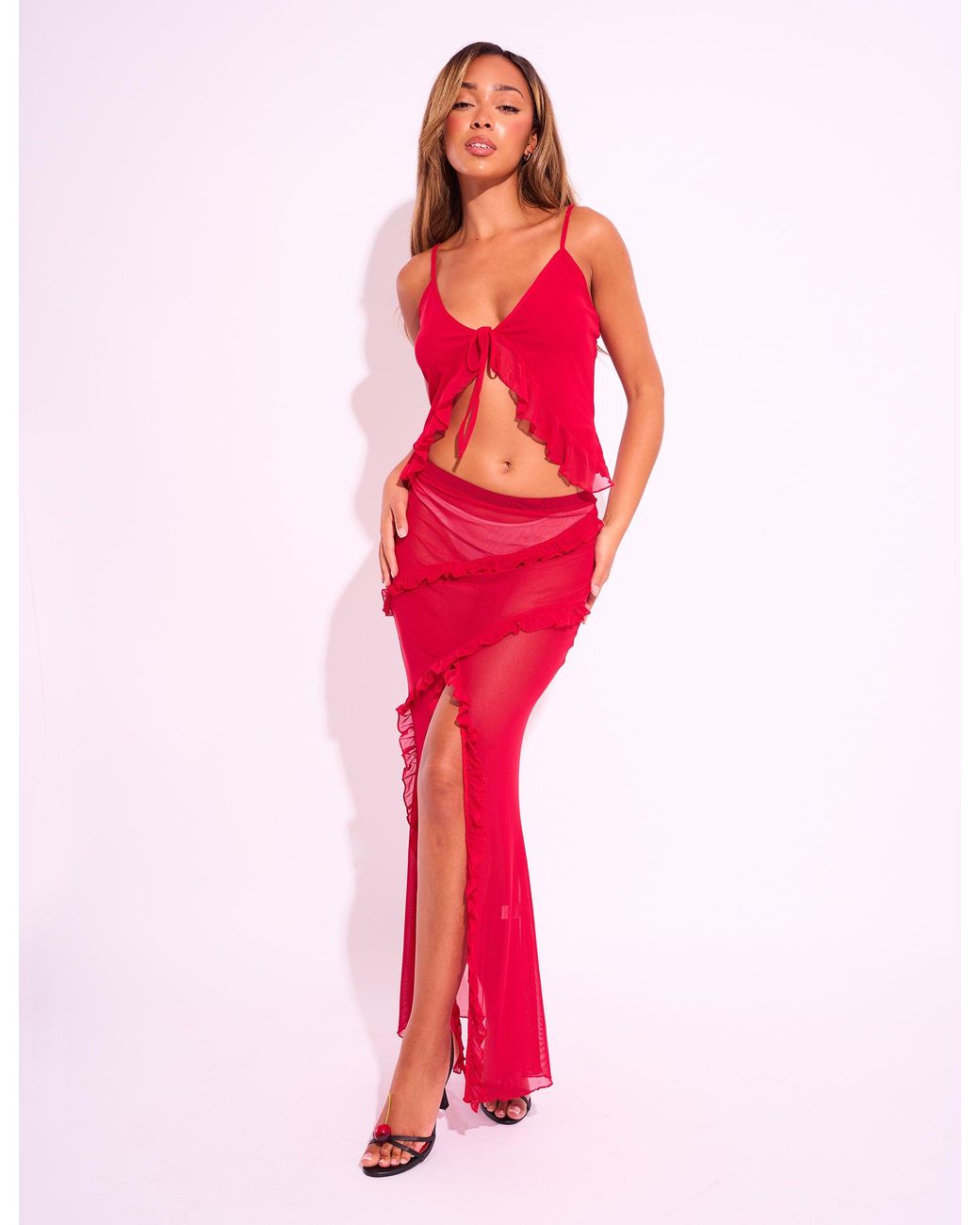 Public Desire Frill Detail Mesh Tie Front Top Co-ord Red