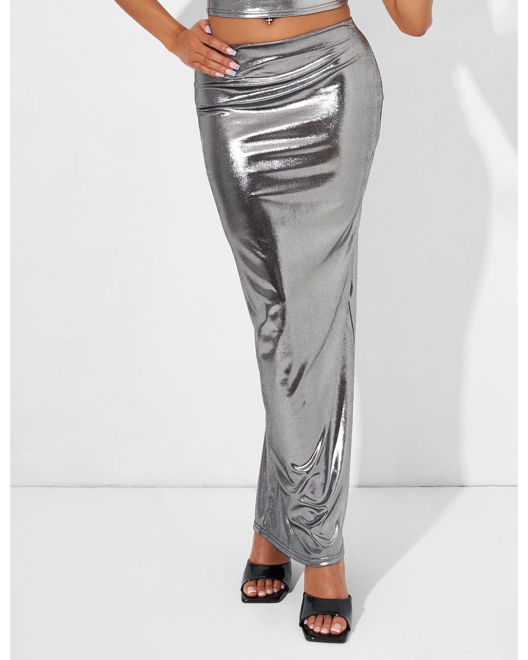 Public Desire White Maxi Skirt Co Ord In Metallic Silver