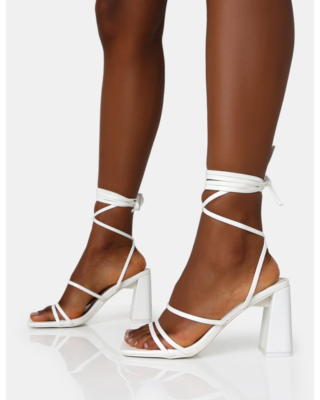 Public Desire Brown Natty White Pu Lace Up Square Toe Mid Block Heels