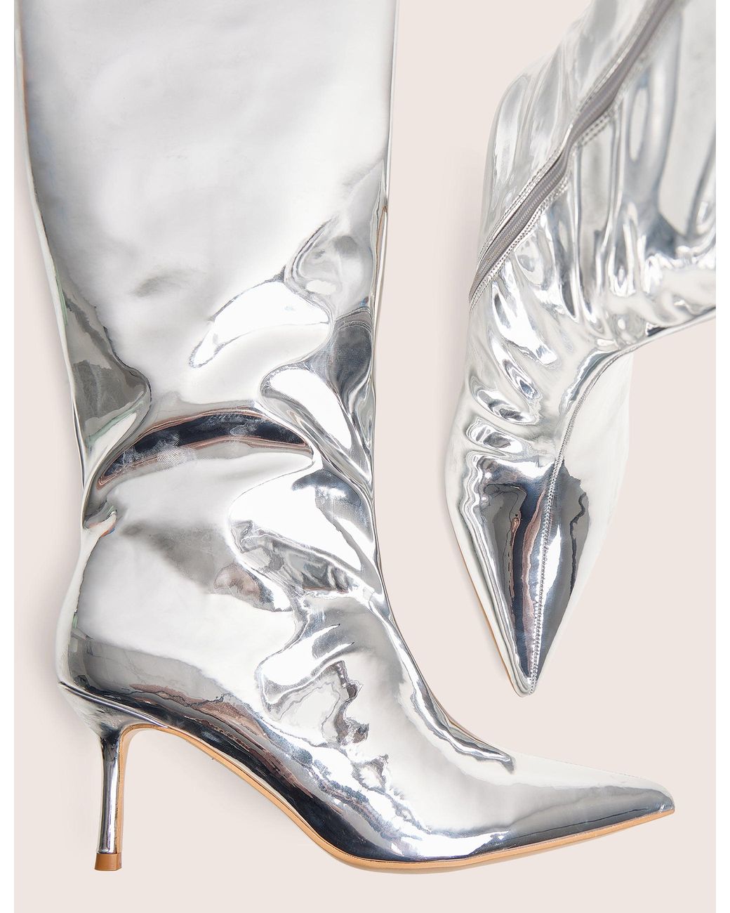Public Desire White Amped Mirror Silver Pointed Toe Mid Heel Knee High Boots