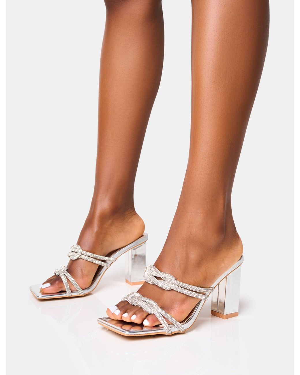 Public Desire Brown Frosted Silver Diamante Knot Detail Block Heels