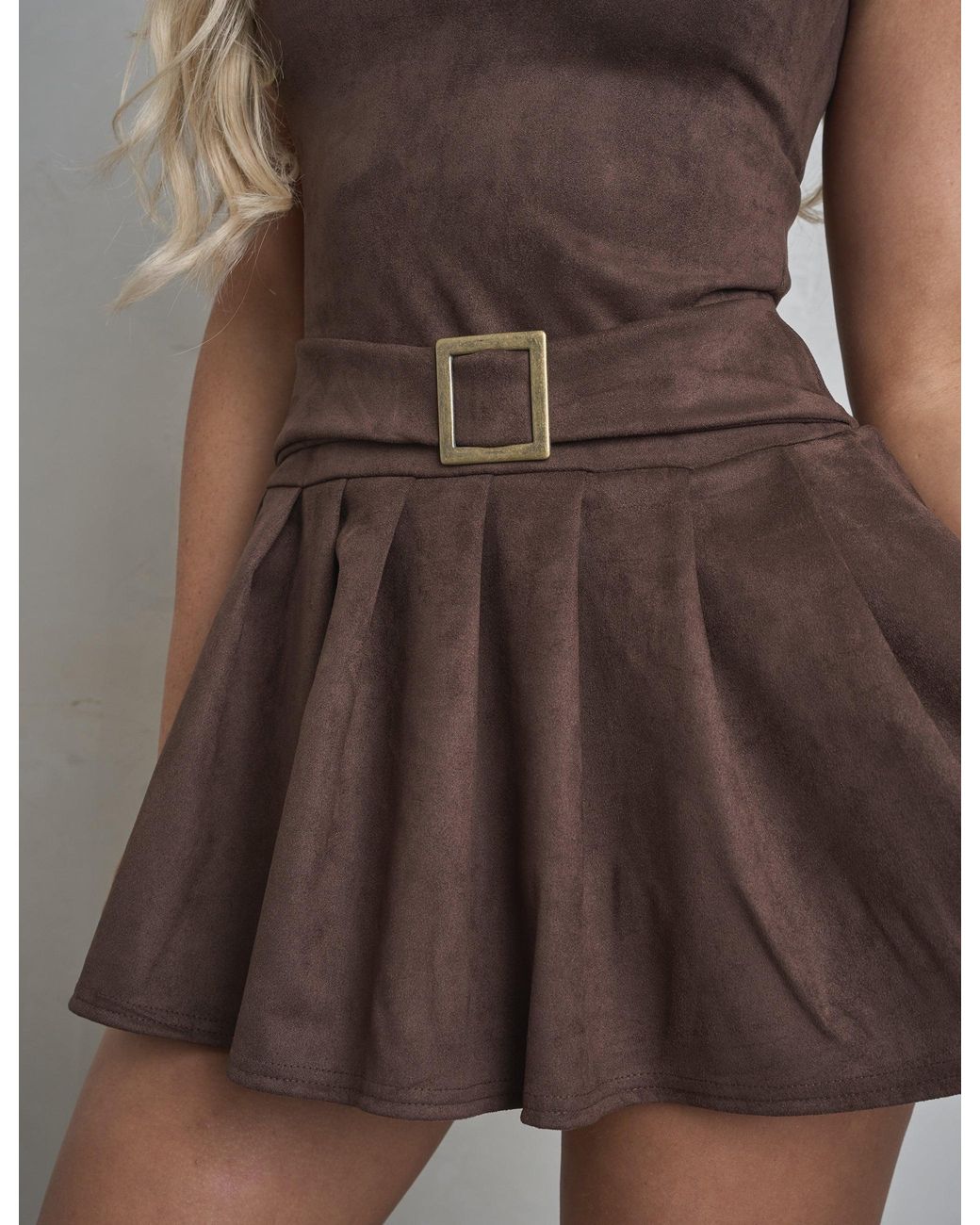 Public Desire Suedette Buckle Detail Pleated Mini Dress Brown