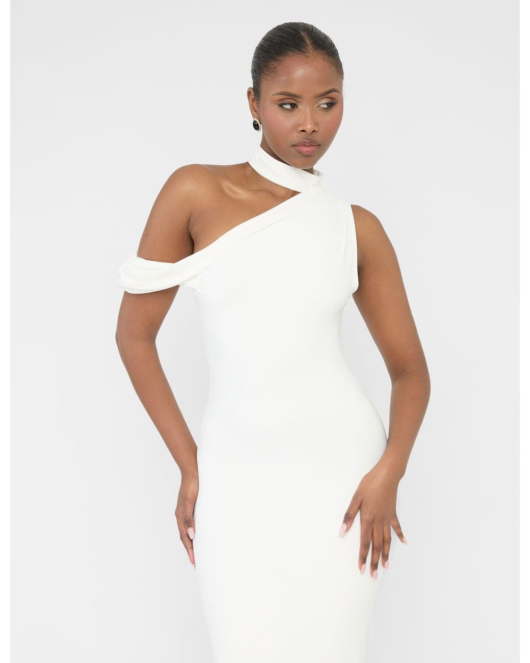 Public Desire Asymmetric One Shoulder Choker Detail Luxe Slinky Midi Dress White