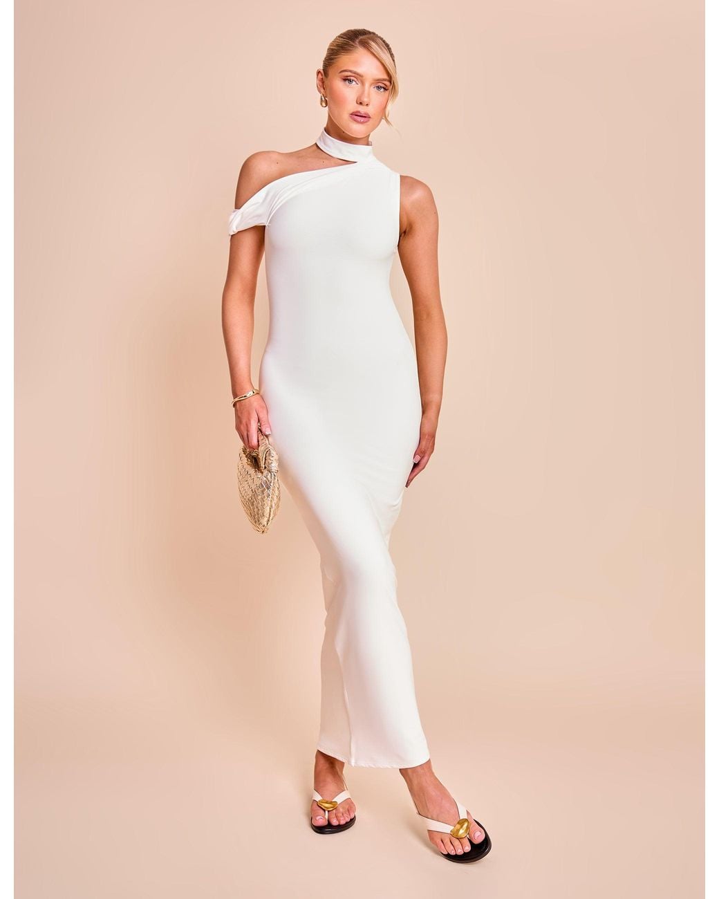 Public Desire Asymmetric One Shoulder Choker Detail Luxe Slinky Midi Dress White