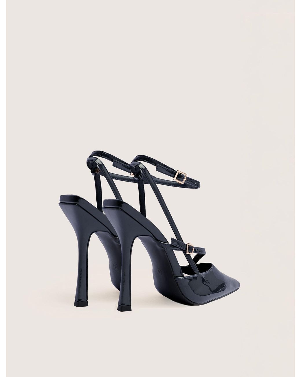 Public Desire Natural Idol Navy Patent Buckle Strappy Detail Stiletto Court High Heels