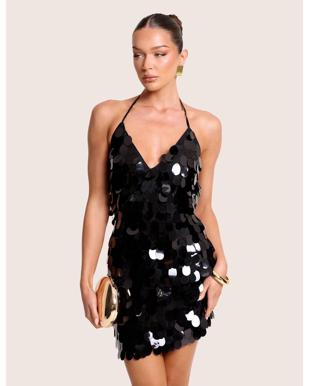 Public Desire V Neck Large Disc Embellished Mini Dress Black