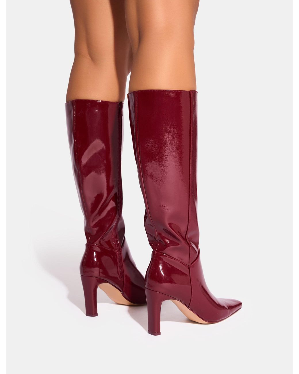 Public Desire Red Pose Burgundy Patent Zip Knee High Slim Block Heeled Boots