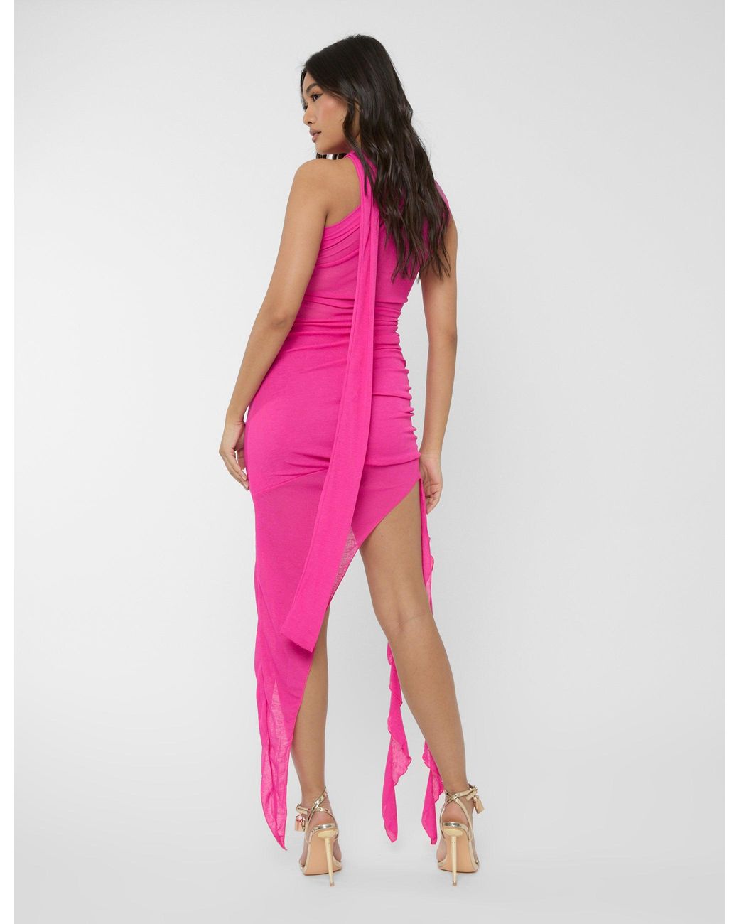 Public Desire Mesh Choker Detail Asymmetric Midaxi Dress Fuchsia Pink
