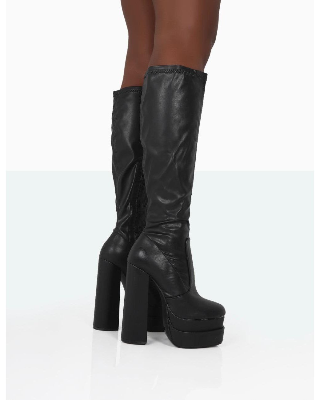 Public Desire Passive Black Pu Square Toe Platform Block High Heel Over The Knee Boots