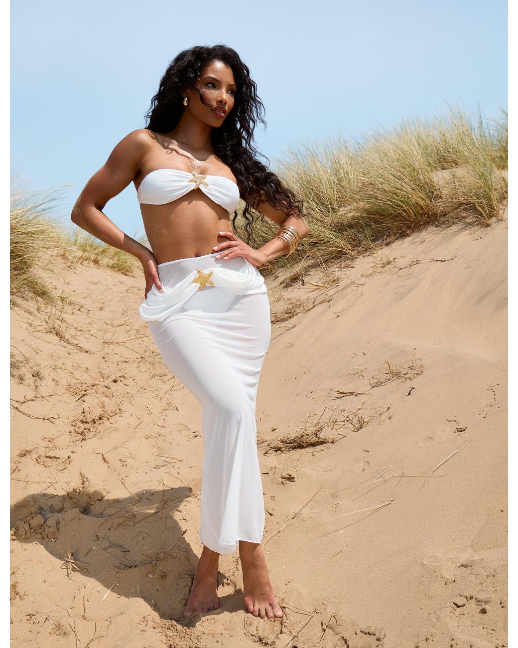 Public Desire Brown Three Piece Starfish Thong Bikini & Maxi Skirt Set White