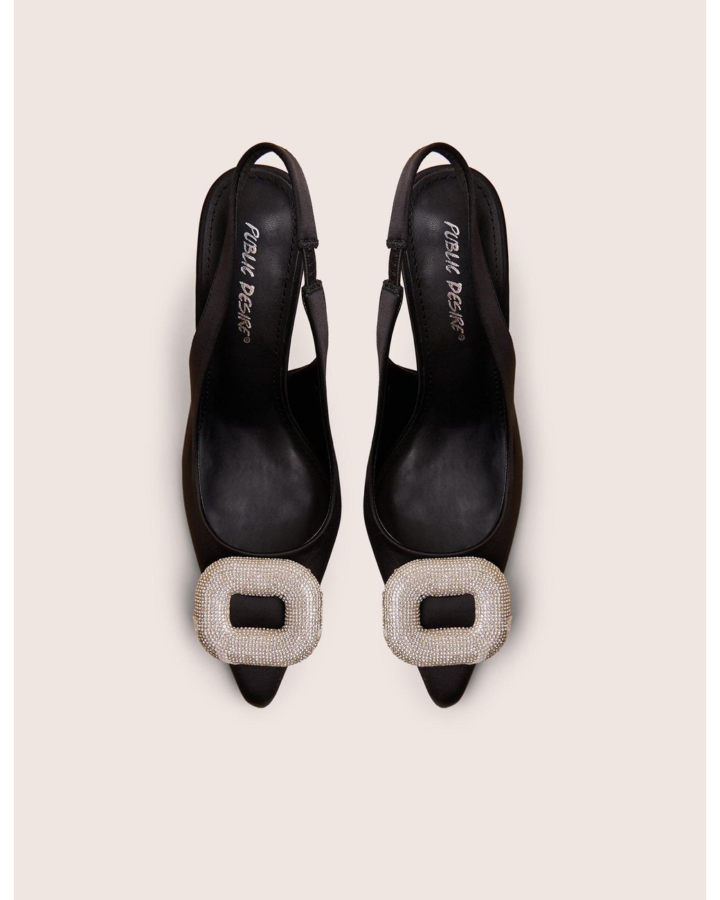 Public Desire White Floss Black Satin Diamante Embellished Sling Back Court Heels