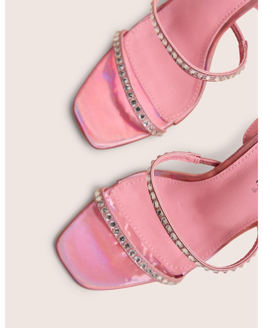 Public Desire Ultra Chic Pink Diamante Strappy Square Toe Slim Block Illusion Heel