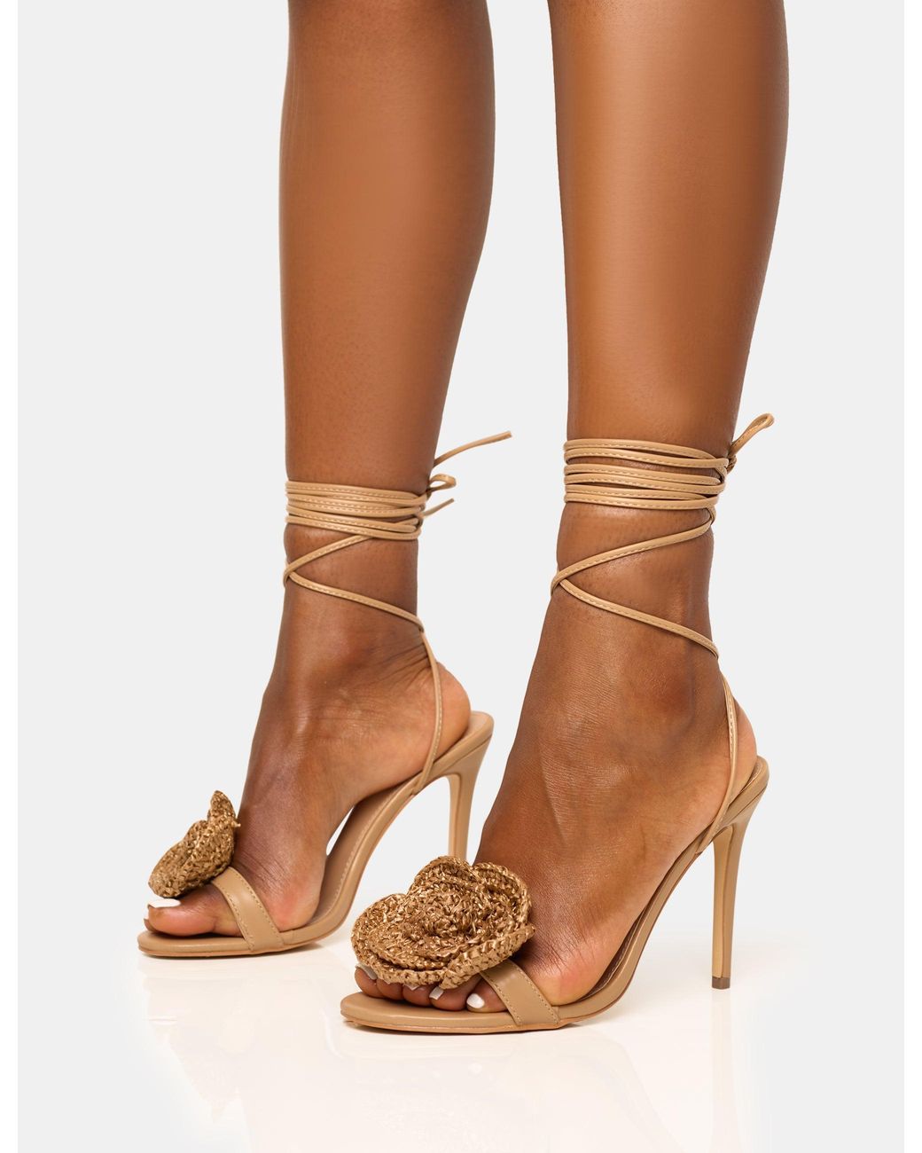 Public Desire Brown Karla Natural Raffia Flower Barely There Lace Up Stiletto Heel