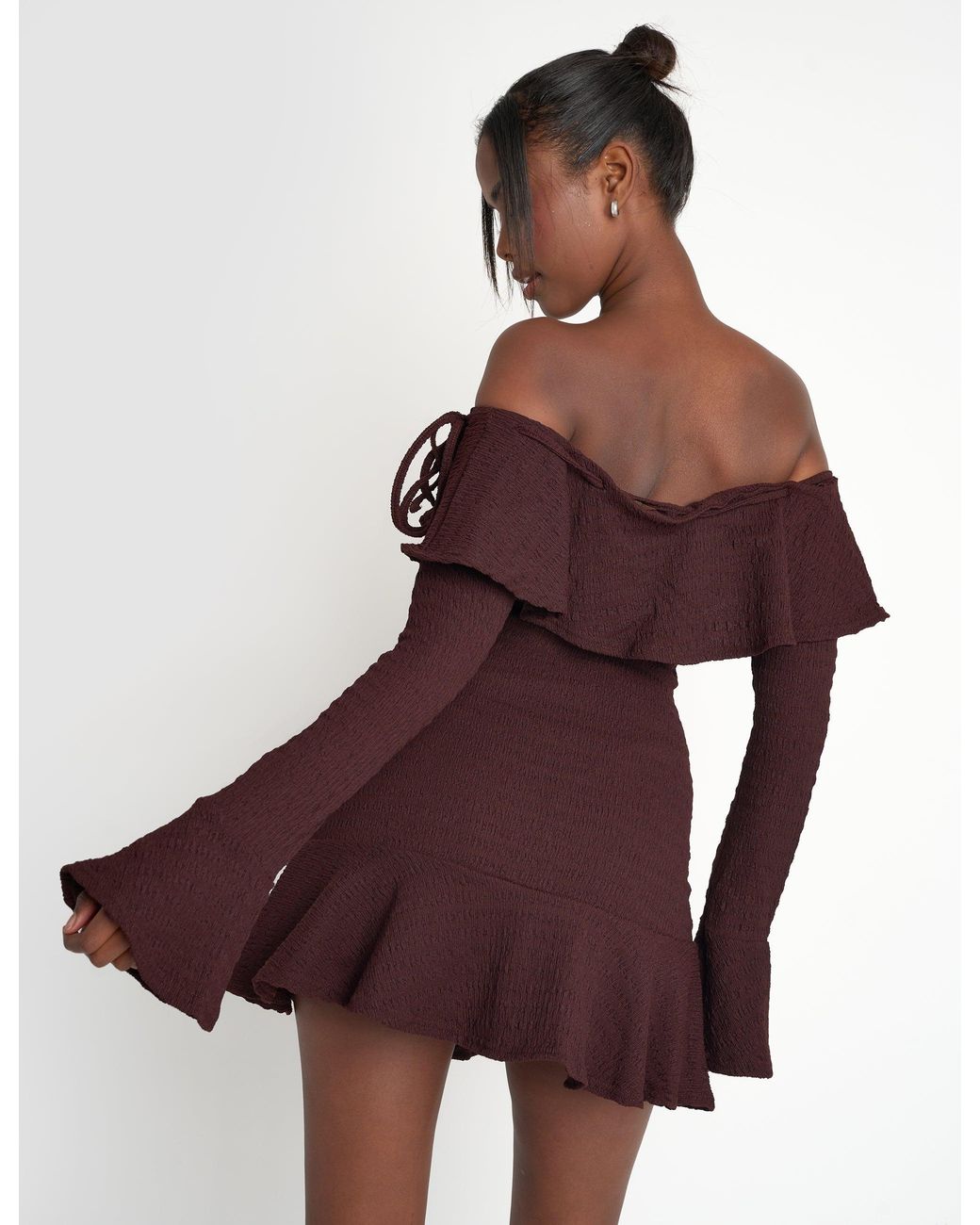 Public Desire Textured Bardot Mini Dress Chocolate