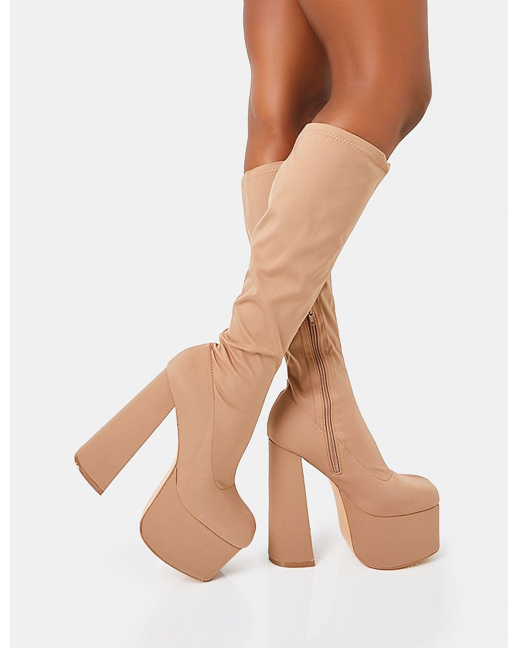 Public Desire Multicolor Polished Taupe Nylon Platform Rounded Block Heeled Knee High Boots