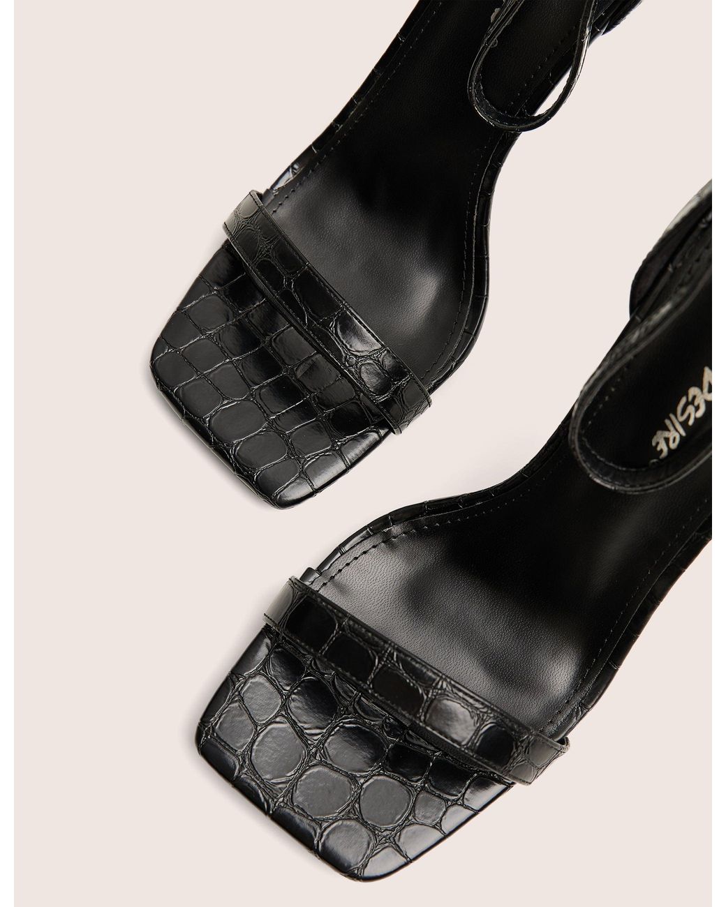 Public Desire Natural Chaos Black Croc Square Toe Strappy Barely There Stiletto Heels