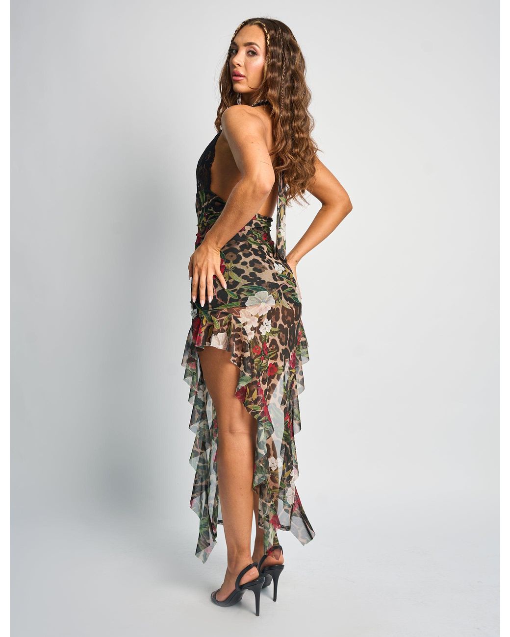 Public Desire White Lace Plunge Halter Neck Ruffle Maxi Dress Multi