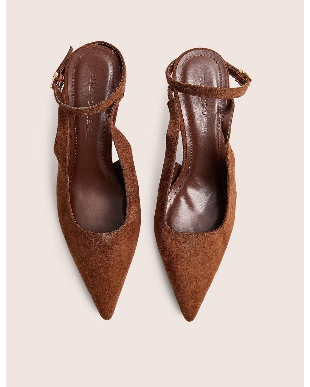Public Desire Natural Louis Chocolate Suedette Ankle Strap Court Mid Heels