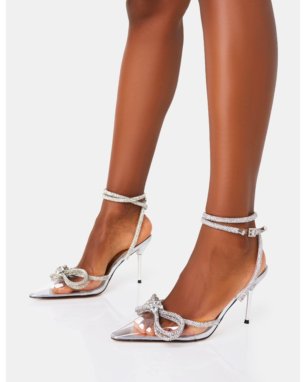 Public Desire Purple Midnight Clear Perspex Wrap Around Diamante Bow Pointed Toe Mid Heel