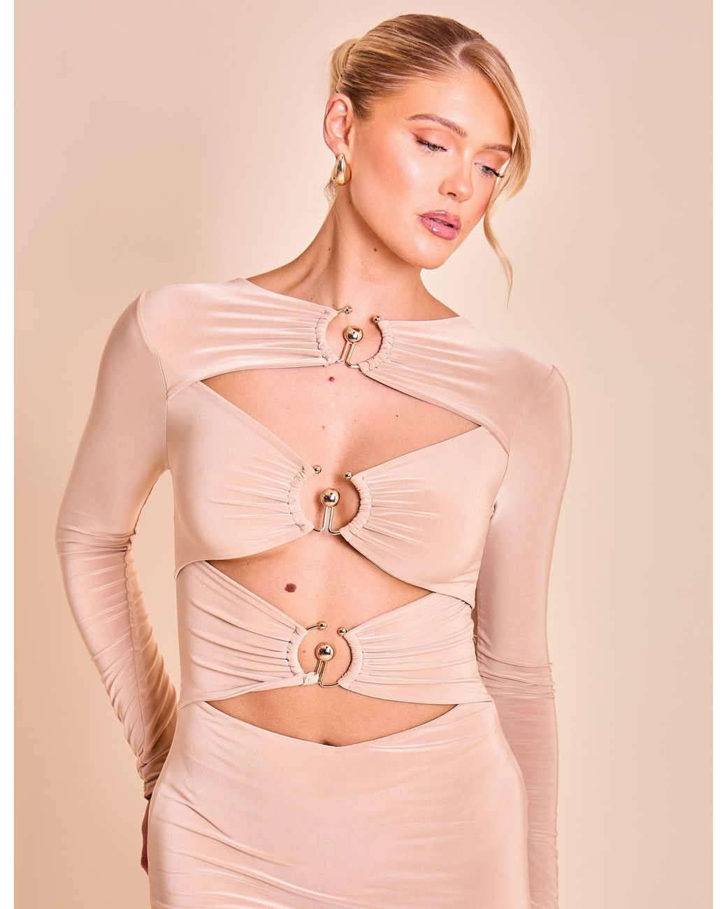Public Desire Natural Slinky Metal Detail Long Sleeve Mini Dress Stone
