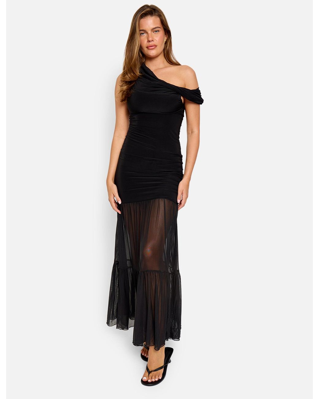 Public Desire Slinky Bardot Fold Over Mesh Hem Maxi Dress Black