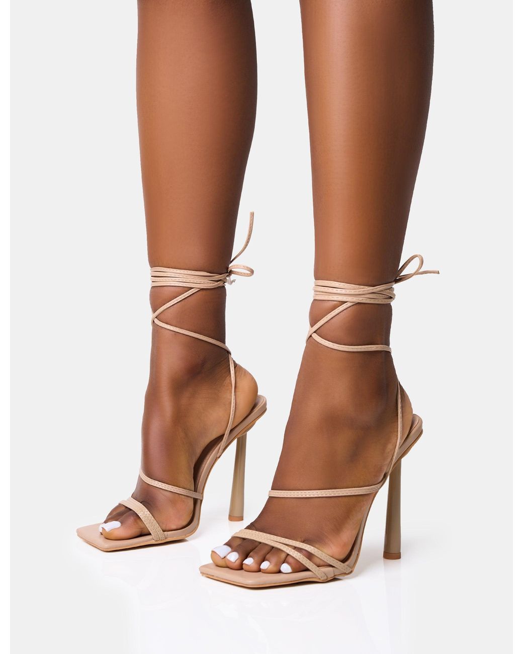 Public Desire Brown Bad Gal Nude Strappy Lace Up Square Toe Heels